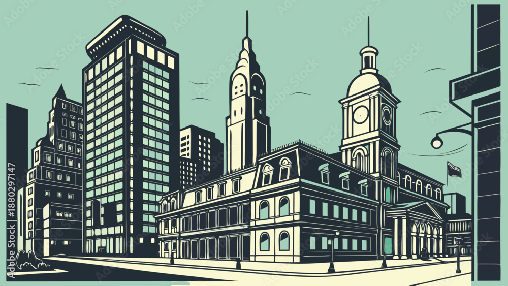 Obraz premium Philadelphia skyline buildings and skyscrapers represent a bustling urban environment ideal for cityscape websites, brochures, postcards, and travel publications.