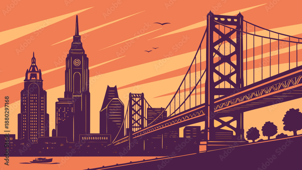 Naklejka premium Philadelphia skyline with benjamin franklin bridge featured suitable for cityscape marketing materials, travel brochures, urban posters, and website banners.
