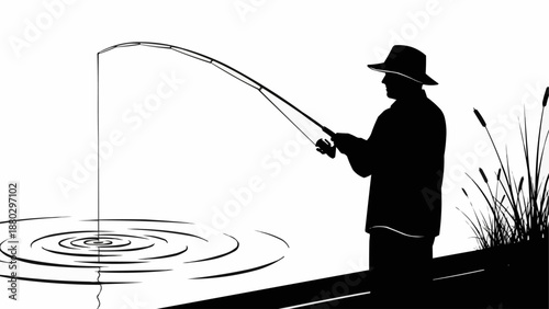 Silhouette of a fisherman casting a line into the water.