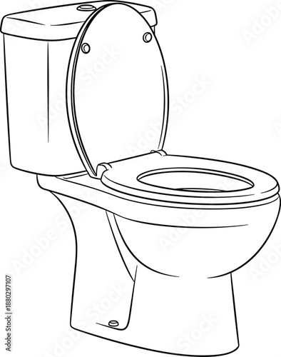 Black and white vector line art illustration of a modern ceramic toilet with open lid isolated on white background for bathroom interior design