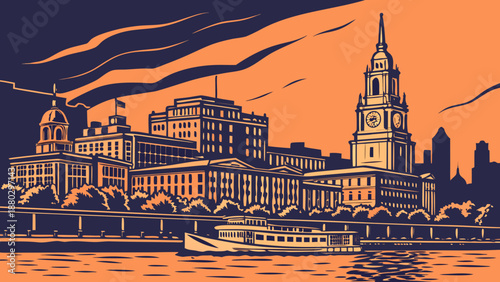 Philadelphia skyline with river, boat, and tall buildings showcasing the citys grandeur. Ideal for travel brochures, city guides, or promotional materials.