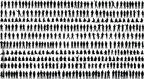 Large set of black silhouettes of people standing walking and gesturing in various professional poses for architectural visualization urban landscape design and vector illustration