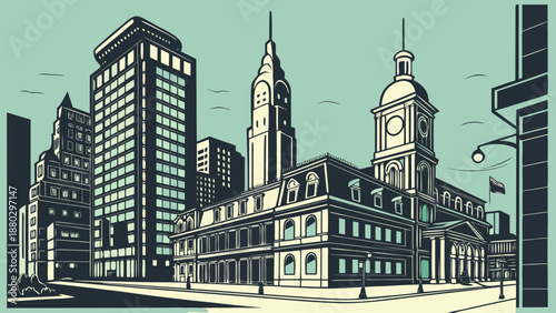 Philadelphia skyline buildings and skyscrapers represent a bustling urban environment ideal for cityscape websites, brochures, postcards, and travel publications.