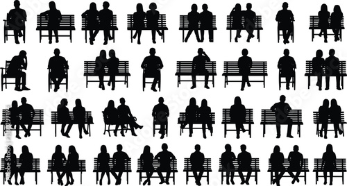 Large collection of black silhouettes of people sitting on park benches and chairs in various poses for architectural visualization urban landscape and vector illustration