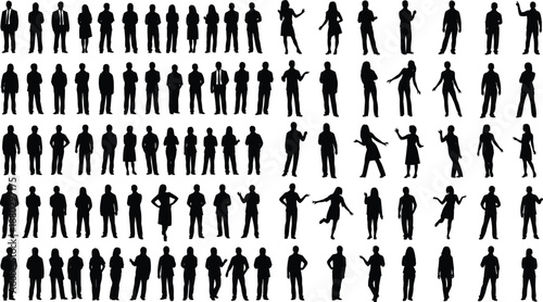 Large mega pack of black silhouettes featuring people standing and sitting on park benches for architectural visualization urban landscape design and vector illustration