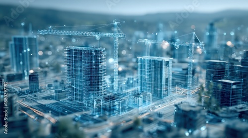 Futuristic cityscape with blueprints overlaying skyscrapers and construction cranes bnv (9)