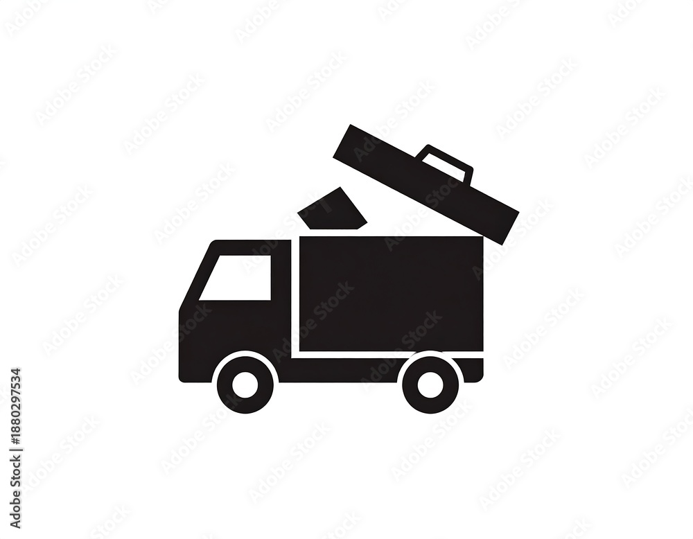 Fototapeta premium Black silhouette of a small truck with its bin lid open, possibly dumping