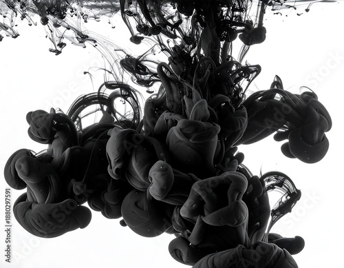 Black ink swirling underwater against a stark white backdrop