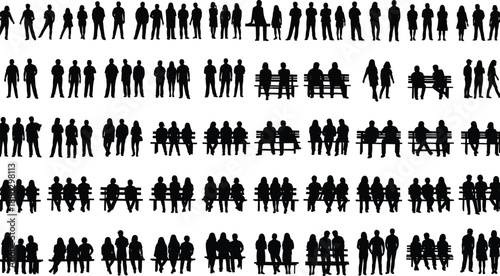 Large set of black silhouettes of people standing and sitting on benches in various poses for architectural visualization urban landscape design and vector illustration