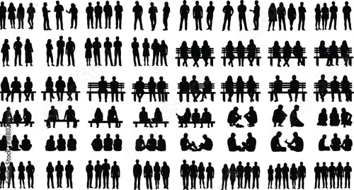 Large collection of black people silhouettes standing and sitting on benches isolated on white background for architecture visualization urban planning and minimalist graphic design