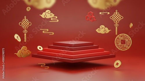 Festive 3d Red Square Podium with Golden Chinese Knots, Coins, and Clouds for Product Display