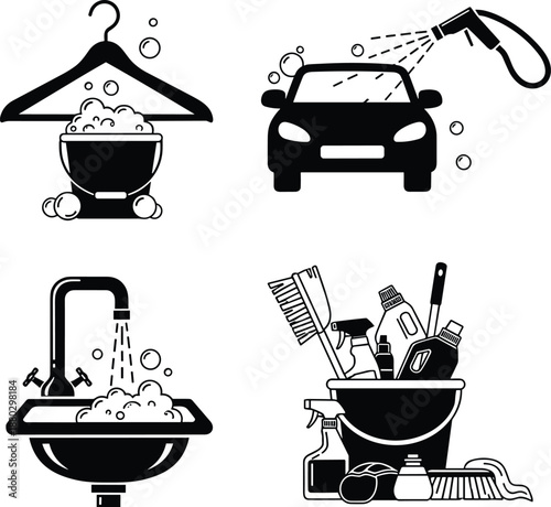Set of black cleaning service icons featuring car wash laundry basket water tap sink and household maintenance supplies for hygiene business