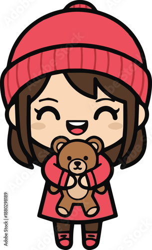 Delightful cartoon girl in a cozy red winter hat and coat, beaming with happiness as she tightly hugs her teddy bear, radiating warmth and childhood joy