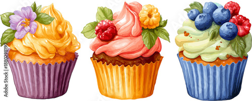 set of cupcakes with colorful frosting, decorated with flowers and berries. watercolor vector illustration for a birthday party or wedding invitation, greeting card, or poster print design