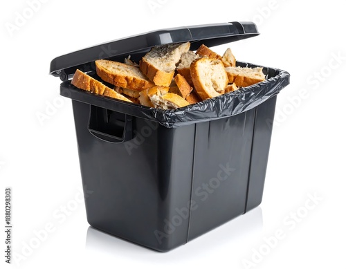 Black trash bin filled with bread scraps, lid ajar