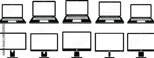 Collection of Flat Vector Illustrations Featuring Modern Laptop and Desktop Computer Monitor Screen Icons Isolated on a Clean White Background