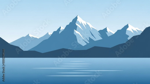 Snowy mountain range with calm lake water reflection in serene landscape