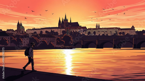 Person walking along riverbank with cityscape and bridge at sunset warm orange glow