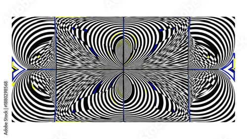Vibrant black and white optical illusion pattern with swirling shapes and colors on a white background creating a mesmerizing graphic design