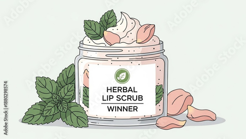 Herbal lip scrub in a jar with mint leaves and rose petals for natural skincare routine