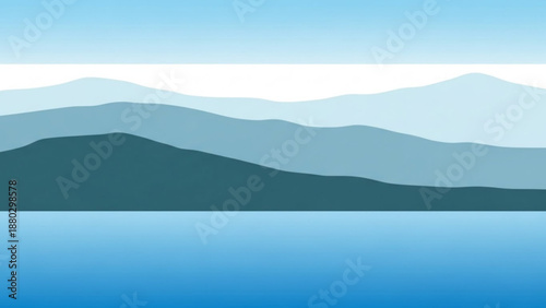 Serene mountain range with calm lake waters reflecting blue sky and gentle hills in the background peaceful natural scenery