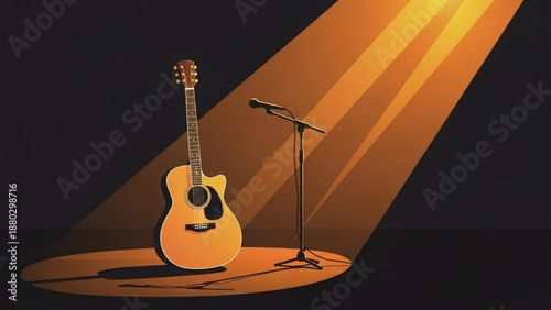 Acoustic guitar and microphone on stage under spotlight for music performance or concert