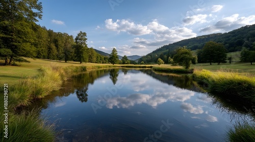 Serene lake reflecting blue sky and clouds amidst rolling green hills and lush vegetation bathed in soft natural light