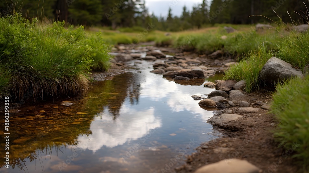 Fototapeta premium A clear shallow stream flows over rocks reflecting the sky and clouds with lush green grass lining its banks in a serene natural environment