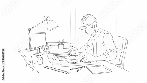 Architectural engineer working on blueprints at desk with computer.