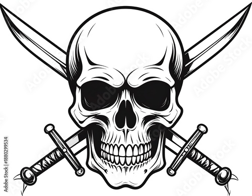 Black and white skull with crossed swords