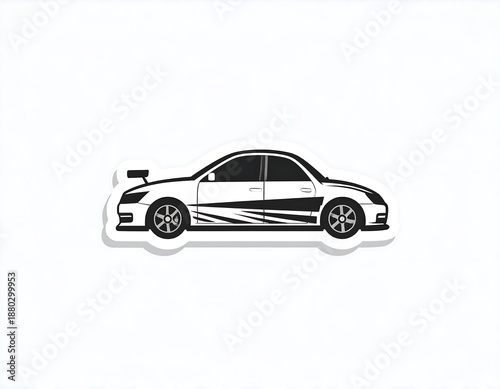 Black and white sticker of a sports sedan with spoiler