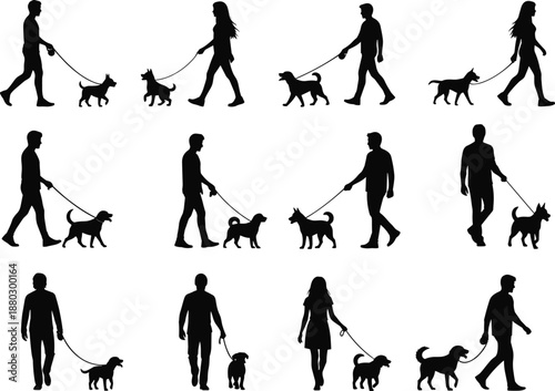 Dog walking silhouettes, pet owners with dogs, leash walking, outdoor activity, canine companionship, black figures, diverse breeds, human-animal bond, urban lifestyle