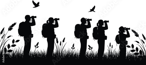 Birdwatching Silhouette Scene with Wildlife Observers Using Binoculars, Nature Exploration and Outdoor Ecology Concept Vector Illustration