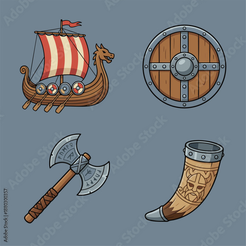 Viking culture set with longship shield axe and drinking horn.