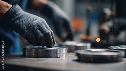 Close-up of worker's hand handling metal parts in industrial setting