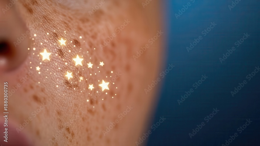 Fototapeta premium A close-up shot of a person's face adorned with shimmering stars over freckles on the skin, creating a stunning and ethereal visual effect against a blurred background.