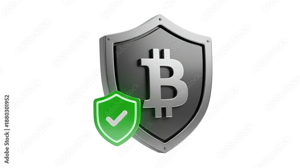 Obraz premium Secure Bitcoin Shield with Checkmark, Protection, and Verification
