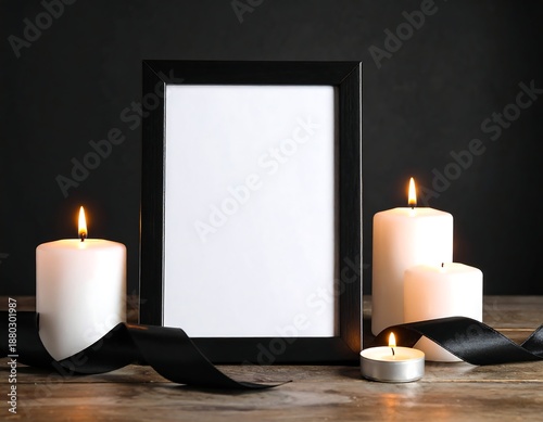 Blank frame with burning candles and a black ribbon on a wood surface