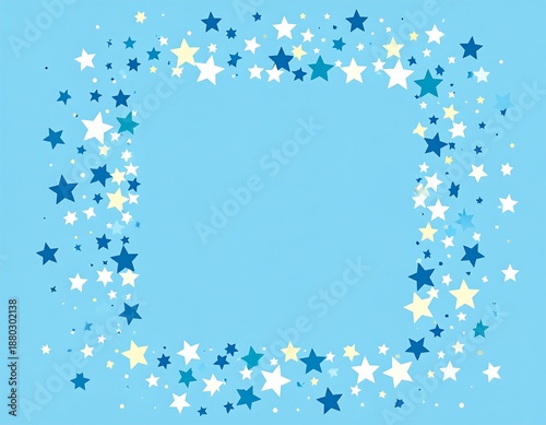 Blue background with a scattered array of various colored stars framing a rectangle