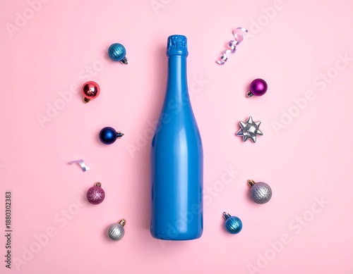 Blue bottle surrounded by Christmas ornaments on a pink background