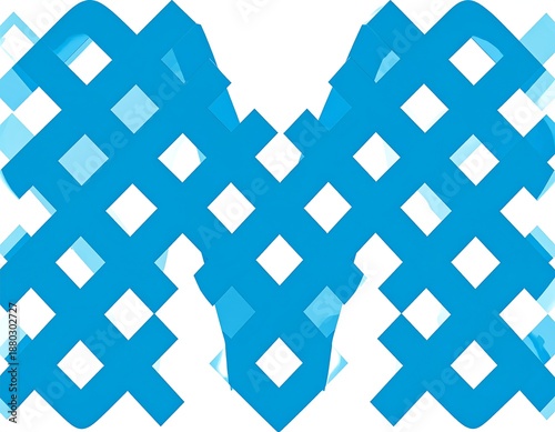 Blue, interwoven, geometric pattern forming an abstract capital letter