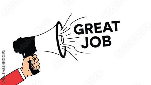 Hand holding a megaphone displays a great job message in a comic style to show appreciation and motivation for successful work achievement.