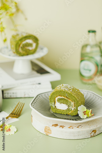Matcha Swiss Roll Cake Dessert Closeup
