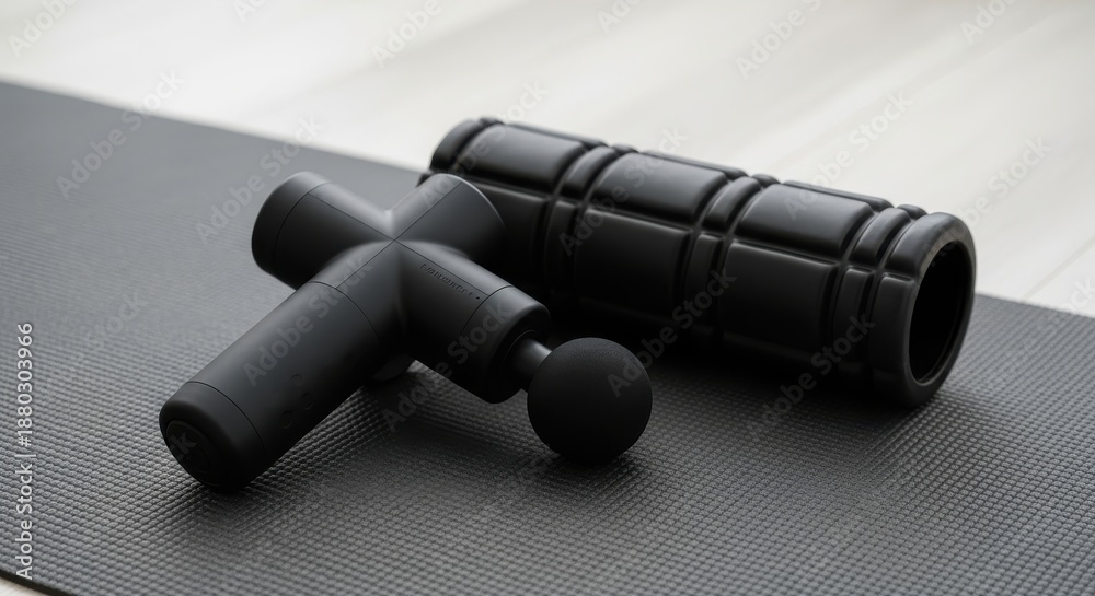Fototapeta premium Black muscle recovery tools rest upon a textured exercise mat indoors
