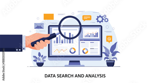 Data search and analysis illustration features a hand with a magnifying glass examining business charts and graphs on a desktop monitor.