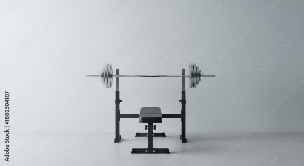 Naklejka premium Weightlifting bench and barbell are positioned centrally against a plain light background.