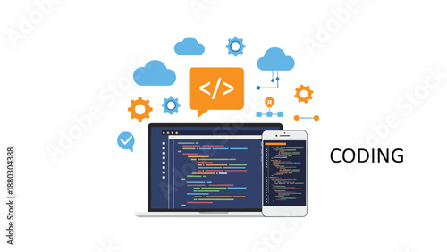 Software development and coding concept features a laptop and smartphone showing lines of code surrounded by cloud and gear icons for tech.