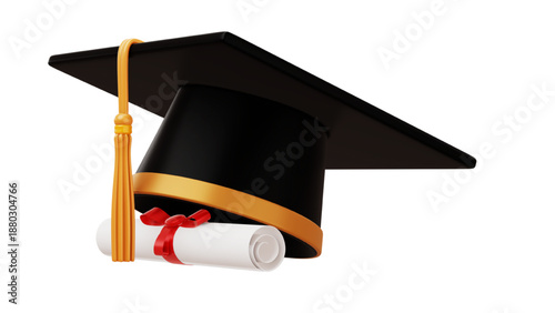 3D Graduation Cap and Diploma Scroll Illustration