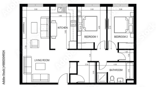 Modern apartment floor plan with living room, kitchen, two bedrooms
