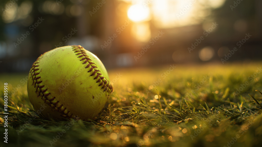 Fototapeta premium Softball ball sport yellow grass sunset closeup outdoor field summer softball ball sport yellow grass sunset closeup outdoor field summer mood green lawn with warm golden sunlight background